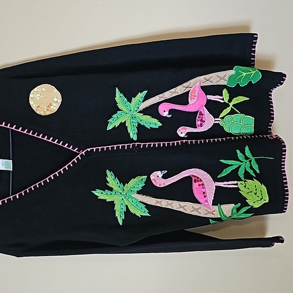 Quacker Factory Vintage Flamingo  Cardigan Sweater Black Sz M EUC - Picture 3 of 10